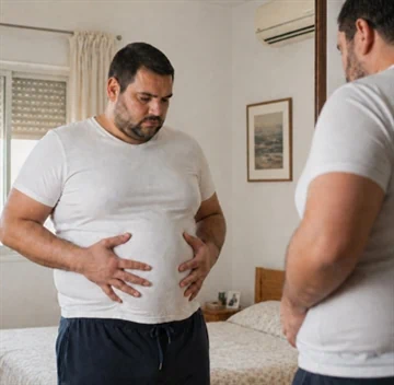 אדם הסובל מנפיחות בבטן ומסתכל במראה